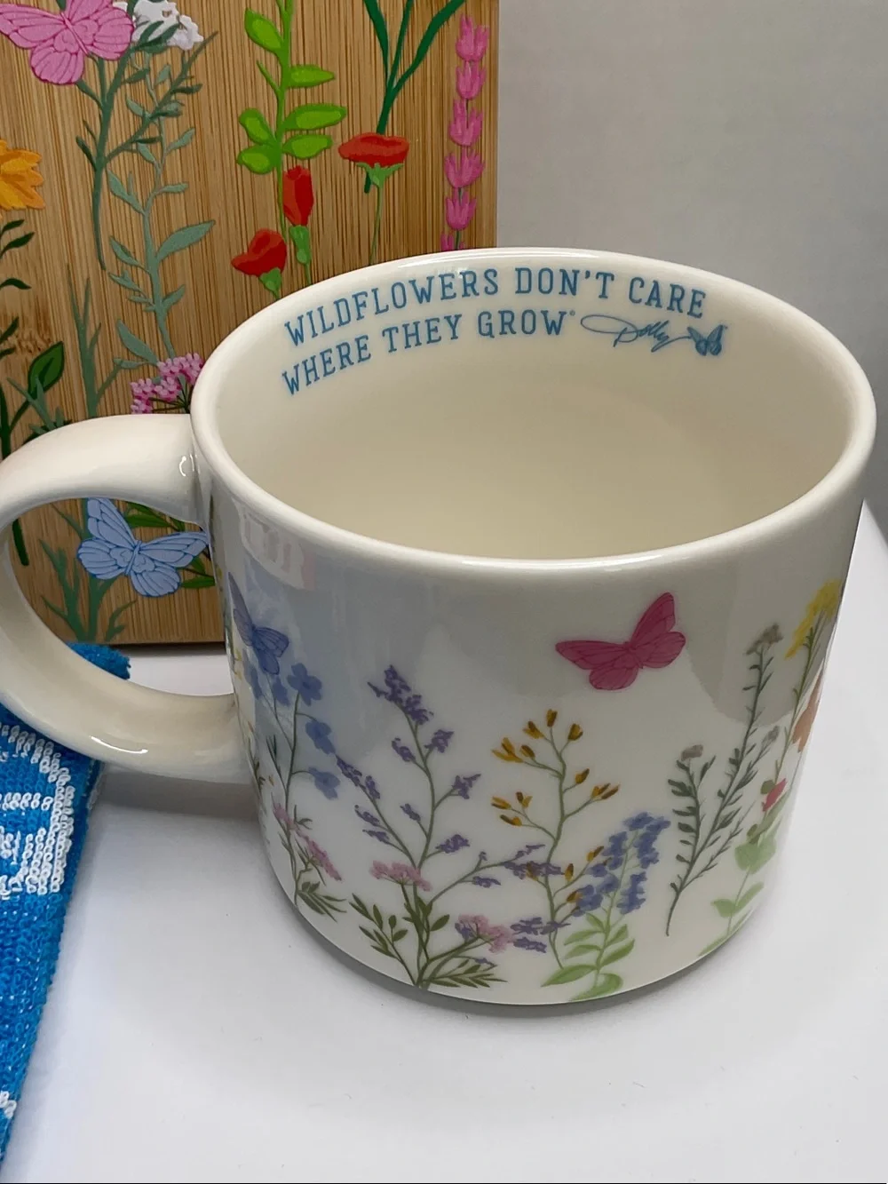 Dolly Wildflowers Bamboo Board & Floral Mug Gift Set with Blue Butterfly Towel